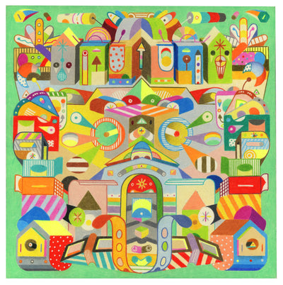 Colorful illustration comprising of many curved and geometric shapes, such a boxes, doors, archways and portals. Illustration is a sort of organized chaos, with many things to look at but done neatly.