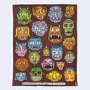 Illustration of many stylized monster faces with different colors, facial expressions and several eyes.