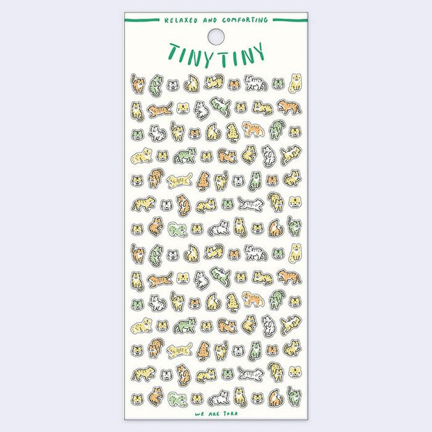 Sheet of small tiger stickers with 'Tiny Tiny' branding on a white background