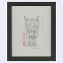 Softly rendered graphite illustration of a girl wearing a white dress shirt and black suspenders with shorts. Atop her head is a large cat, with a plush look to it, resting its head on hers and dangling its arms at its side.