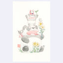 Colored pencil illustration of 2 cartoon pandas, one stacked atop the other, holding flowers and a green leaf sprout. Small cartoon characters hang around them.