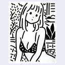 Black and white line art of a person sitting with plants on a light purple background