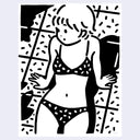 Illustration in black and white of a cartoon style girl lounging in a bathing suit.