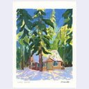 A landscape painting of a snowy cabin nestled among tall evergreen trees under a vivid blue sky, with the title 'LAKE TAHOE' and the artist signature at the bottom of the piece.