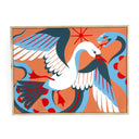 Painting of a white crane with blue and red  accent coloring flying. In the background is a large blue snake with fangs and a forked tongue. Background is peach orange.