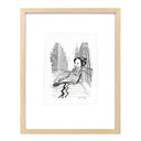 Illustration of a cartoon character in traditional Japanese attire but modern sneakers, standing in an outdoor stairway, between tall NYC buildings with a skateboard.