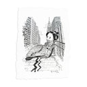 Illustration of a cartoon character in traditional Japanese attire but modern sneakers, standing in an outdoor stairway, between tall NYC buildings with a skateboard.