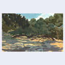 A landscape painting depicting a forest scene with a fallen log across the foreground, rendered in earthy greens, browns, and beige tones under a light blue sky.