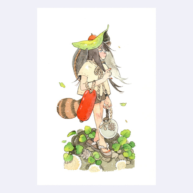 Ink and watercolor drawing on white paper of a girl who is part tanuki, with fluffy round ears and a bushy raccoon tail. Atop her head is a large leaf and she carries a white jug and red container, tied to ropes. She stands atop of a pond like setting with leaves.