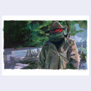 Painting of a film still from Teenage Mutant Ninja Turtles of a turtle standing in a trench coat, hat and with red eye mask.