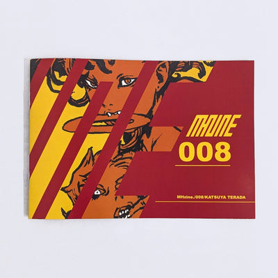 Booklet cover for "Terada MHzine008", red cover with yellow text and an illustration of a person with sharp fanged teeth, holding a disc in their mouth.