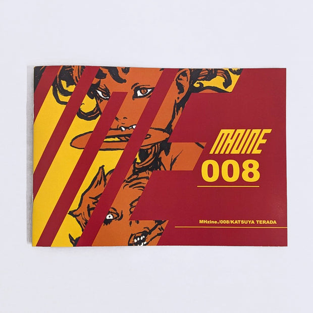 Booklet cover for "Terada MHzine008", red cover with yellow text and an illustration of a person with sharp fanged teeth, holding a disc in their mouth.