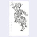 Ink line art illustration on white notebook paper of a person wearing a hat akin to a bullfighter's and a quilted outfit. 