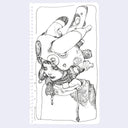 Ink line art illustration on white notebook paper of a person wearing a robotic helmet with many obscure elements sticking out.