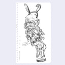 Ink line art illustration on white notebook paper of an old man's head wearing bunny ear headband. The old man's beard rests atop of a skull which rests on a small animal's body.