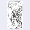 Ink line art illustration on white notebook paper of a girl, seen only from the neck up. Atop her head is a large squid with its tentacles on her face.