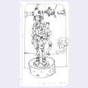 Ink line art illustration on white notebook paper of a person wearing a large backpack and outdoor clothes. He stands on a platform and has a mechanical helmet.