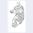 Ink line art illustration on white notebook paper of a wolf, rendered with stylistic line art.