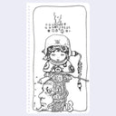 Ink line art illustration on white notebook paper of a character with a helmet and wires coming off of it. They are atop of an old man's head and random text is overhead.