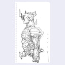 Ink line art illustration on white notebook paper of a character made of stone or just with rigid muscles. It has several horns coming out of its head.