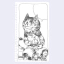 Ink line art illustration on white notebook paper of a one eyed cat character, sitting and holding a cup of steamy coffee. Below it is a small mouse. 