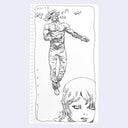 Ink line art illustration on white notebook paper of a zombie like character, with a mostly obscured head, walking after a small character that looks slightly unconcerned.