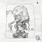 Pencil drawing of a character with a large helmet-like headpiece in the shape of a bird's head with 2 sets of eyes. In the background is mostly empty land with some robotics.