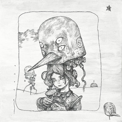 Pencil drawing of a character with a large helmet-like headpiece in the shape of a bird's head with 2 sets of eyes. In the background is mostly empty land with some robotics.