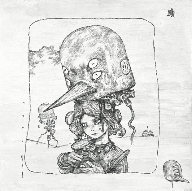 Pencil drawing of a character with a large helmet-like headpiece in the shape of a bird's head with 2 sets of eyes. In the background is mostly empty land with some robotics.