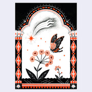 Black ink drawing with orange accent coloring on a stark white background of a butterfly landing on a blossoming flower. A falling star is in the sky and the piece is dramatically framed by decorated column motifs on each side.