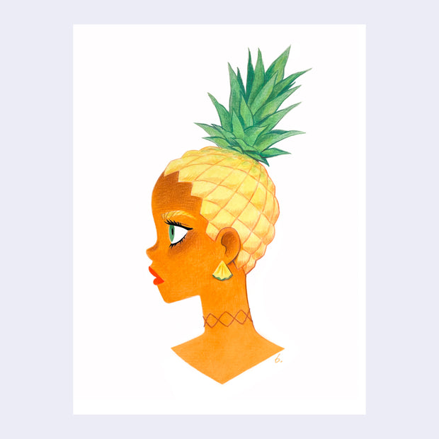 Color pencil illustration of a left facing portrait of a tan woman, with hair that is textured like a pineapple with leaves atop. She has a choker necklace and a pineapple slice earring.