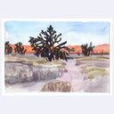 A watercolor landscape painting featuring a prominent dark green cactus in the foreground, with other cacti and orange desert hills under a light blue sky in the background.