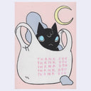 Painting of a cartoon black cat sitting in a plastic grocery bag that has "thank you" printed on it 5 times. Behind is a crescent moon against a pink background.