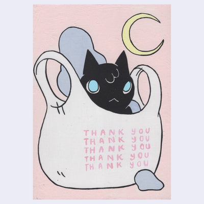 Painting of a cartoon black cat sitting in a plastic grocery bag that has "thank you" printed on it 5 times. Behind is a crescent moon against a pink background.