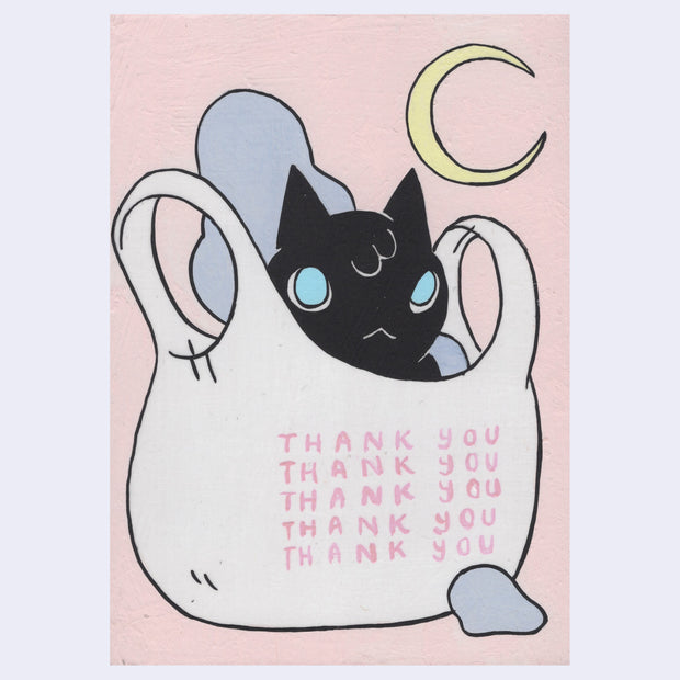 Painting of a cartoon black cat sitting in a plastic grocery bag that has "thank you" printed on it 5 times. Behind is a crescent moon against a pink background.