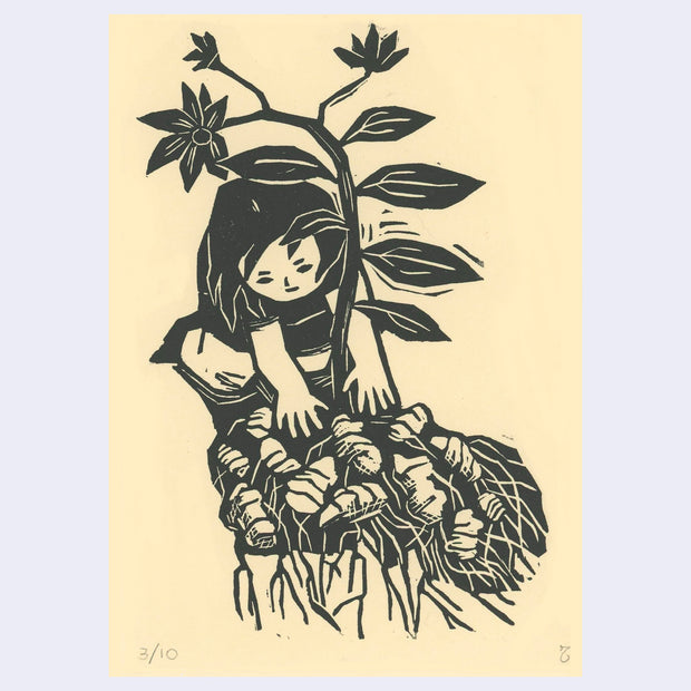 Black linocut print on cream color paper of a small child planting a tree into soil.