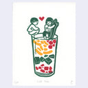 Linocut print of 2 small people sitting atop a cup. One holds a spoon that goes into a fruit cocktail dessert. 
