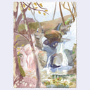 Painting of a forest setting, with trees and a river running over large boulders. A person stands at the top and looks out.