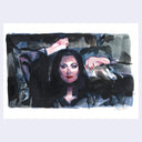 Painting of a film still from The Addams Family of Morticia, leaning back with one hand over her head and the other holding a slip of paper.