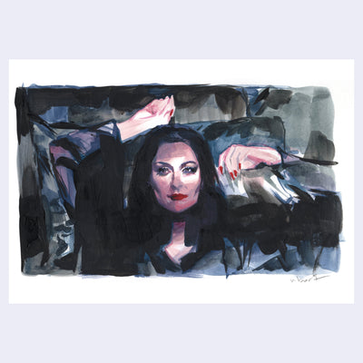 Painting of a film still from The Addams Family of Morticia, leaning back with one hand over her head and the other holding a slip of paper.
