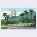 A watercolor landscape painting depicting a rural road with palm trees, a tall electricity pylon, green hills, and a blue sky.
