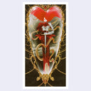 Risograph illustration of a woman with long red hair, holding a sword and wearing a long red gown. She is encased in a glass elongated heart.
