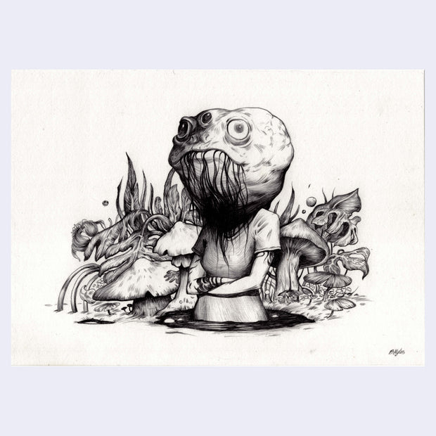 Graphite drawing of a 3 eyed frog with black wisps coming out its mouth and a human body. Its half submerged in water with mushrooms and leaves behind it.