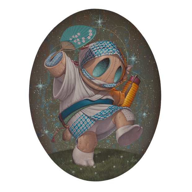 Painting on oval shaped panel of a sewn together doll character with large blue eyes. It wears a white cloth outfit, holding a paper fan and lantern.