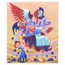 Colorful abstract artwork with winged figure and blue creature on a yellow background