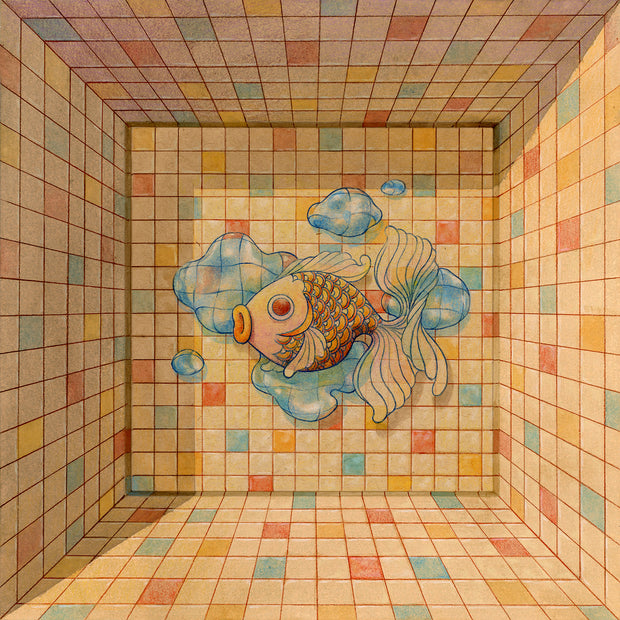 Colorful illustration of a tiled room with a goldfish with water bubbles around it.