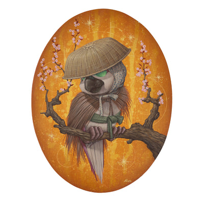 Painting on oval shaped panel of bird perched on a cherry blossom branch. It wears a straw farmers hat and a straw cape. Background is bright orange.