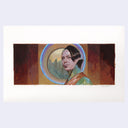 Artistic depiction of a person inside a spacecraft with a circular window.