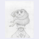 Pencil drawing of a creature with large eyes and fluffy hair on a person's head, set against a light purple background.