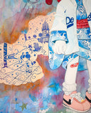 Colorful artwork of a cartoon character in traditional Japanese attire but modern sneakers, standing in a Dodger's jersey with a skateboard on a very busy background. Close up.